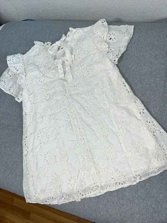 Cottagecore Fairy White Ruffle Mini Dress Large Embroidered Eyelet Kawaii - Picture 6 of 11